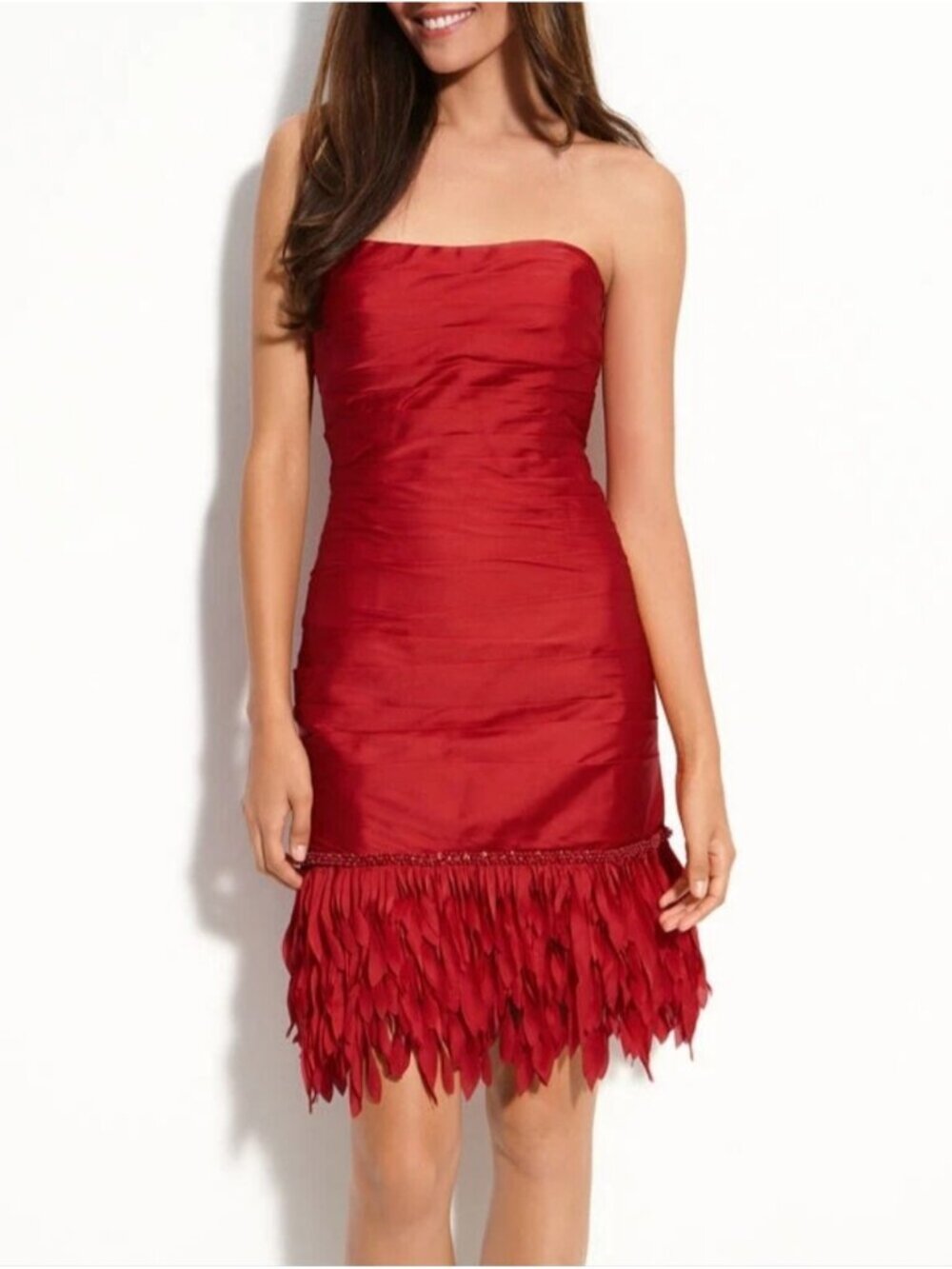 JS Collection Red Strapless Embellished Cocktail Dress with Fringe Hem Womens 8